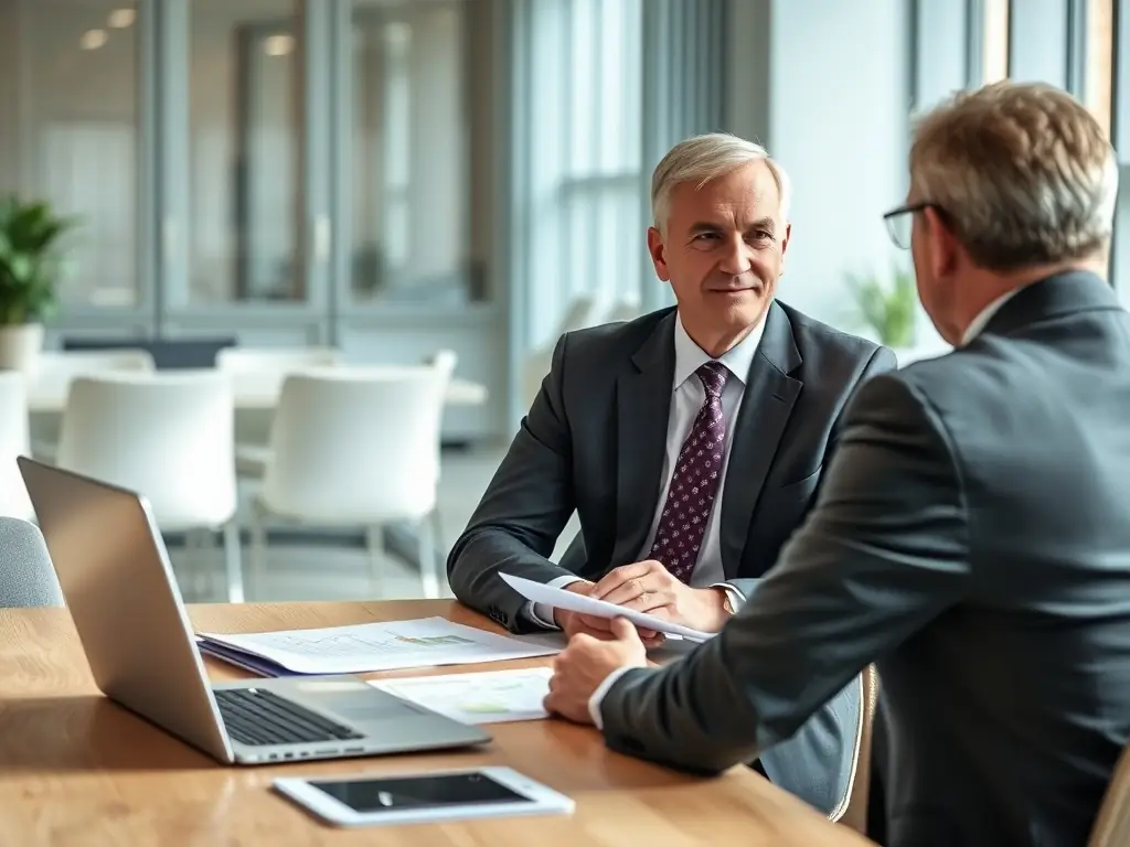 A professional advisor in a modern office setting, discussing financial plans with a client, emphasizing personalized service.
