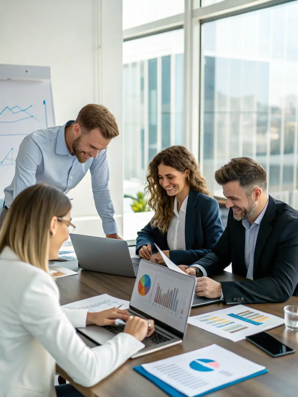 Ein Team von Finanzexperten, die gemeinsam an einer Strategie arbeiten, mit Fokus auf Teamwork und Expertise.