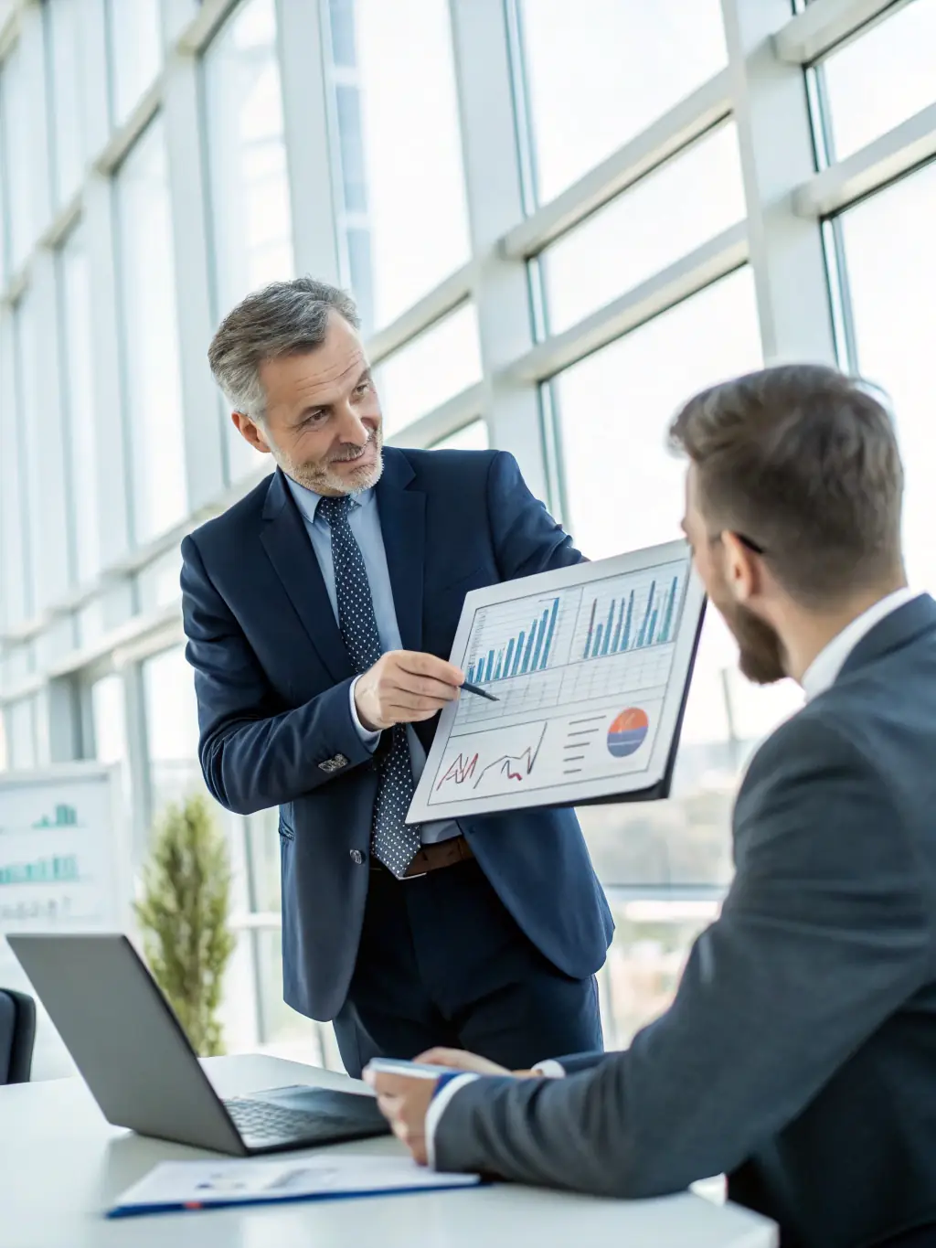 Ein professioneller Finanzberater, der mit einem Kunden an einem Tisch sitzt und Finanzdokumente durchgeht. Die Szene soll Vertrauen und Kompetenz ausstrahlen, während sie gemeinsam Finanzdokumente besprechen.