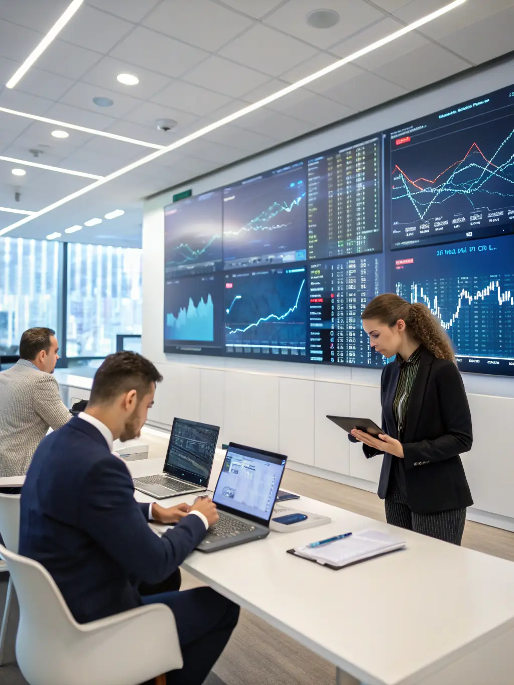 Ein Finanzberater, der eine Risikoanalyse mit einem Kunden durchführt, mit Diagrammen und Daten im Hintergrund. Die Darstellung soll die Bedeutung des Risikomanagements hervorheben.