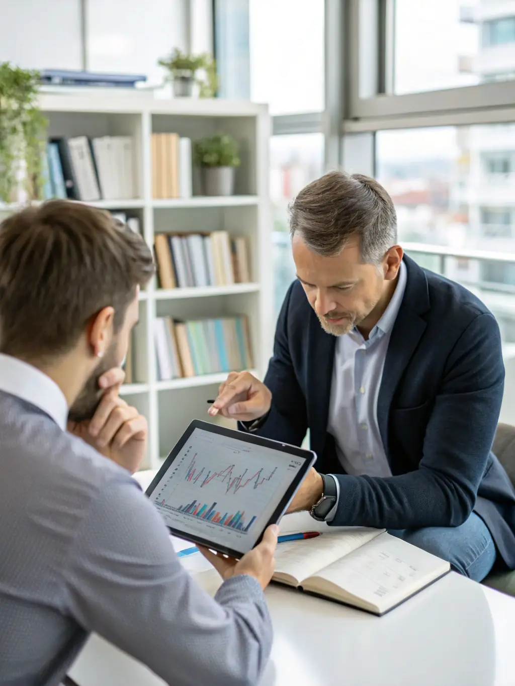 Ein Finanzexperte, der einem Kunden verschiedene Anlageoptionen auf einem Tablet zeigt. Der Fokus liegt auf der Vielfalt der Anlagemöglichkeiten und der individuellen Beratung.